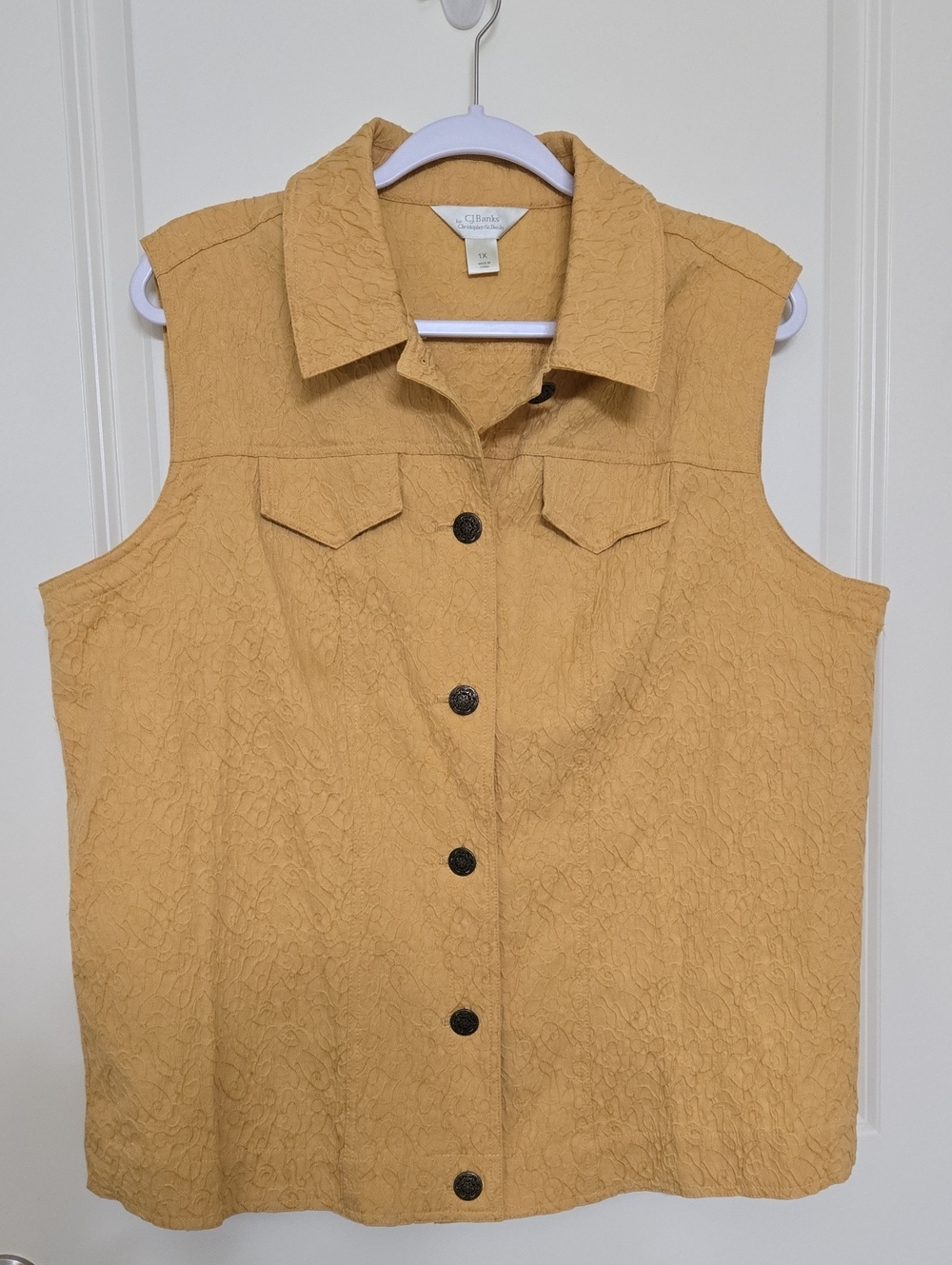 CJ Banks Quilted Sleeveless Button-Front Shirt in Mustard Yellow
